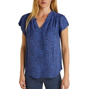 41 Hawthorn Blue with Red Floral Shoulder Cap Lightweight Blouse